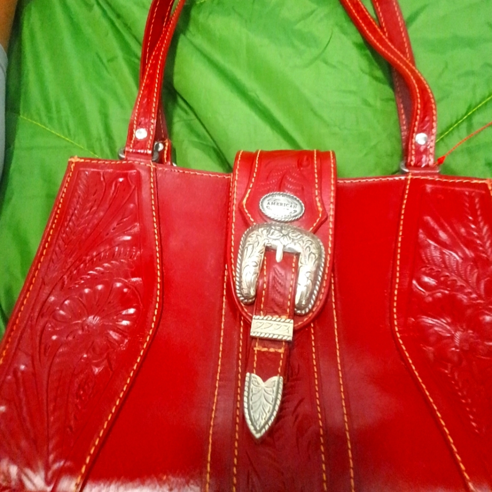 Red Embossed Leather Tote Bag